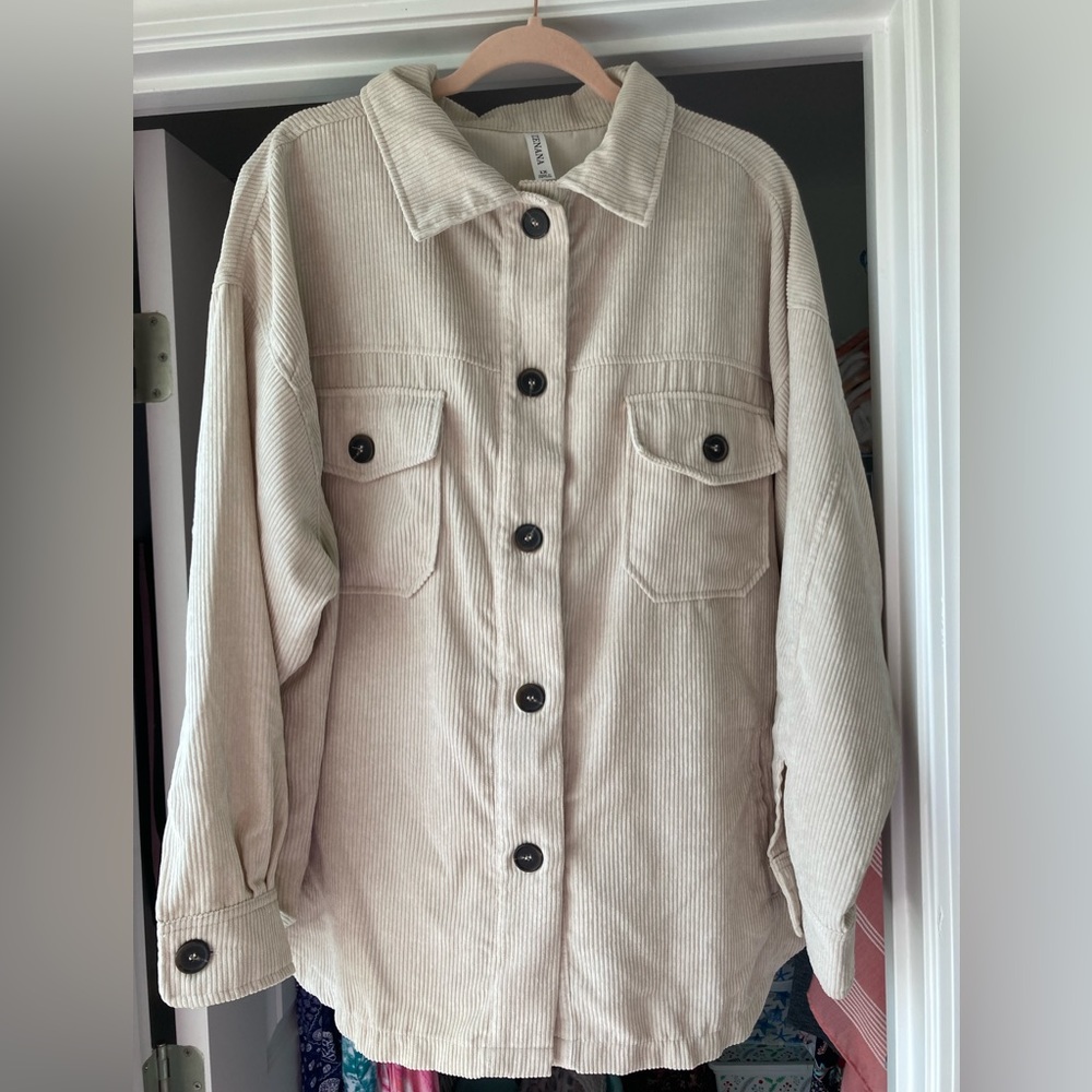 Zenana Oversized Corduroy Button Front Shacket Light Sand Plus Size 1X